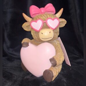 Valentine’s Highland Cow with Pink Heart, Bow and Glasses Figurine